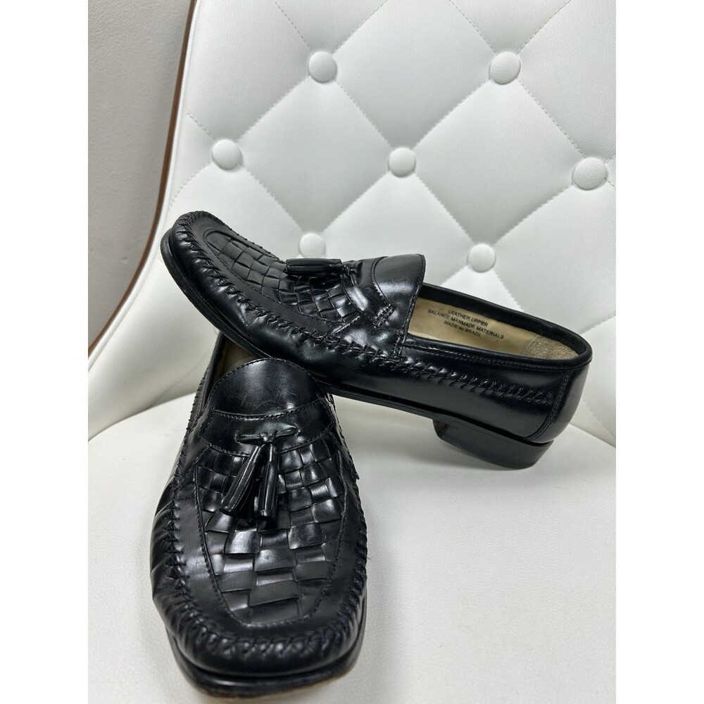 VTG 90s Nunn Bush Black Basketweave Leather Tassel Loafers 9.5M Preppy Academia